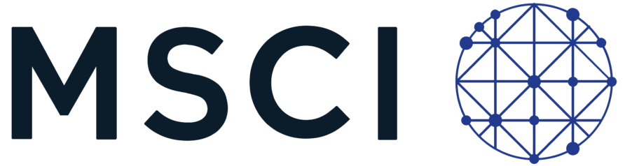 MSCI logo featuring bold black letters next to a blue wireframe sphere with connecting nodes.