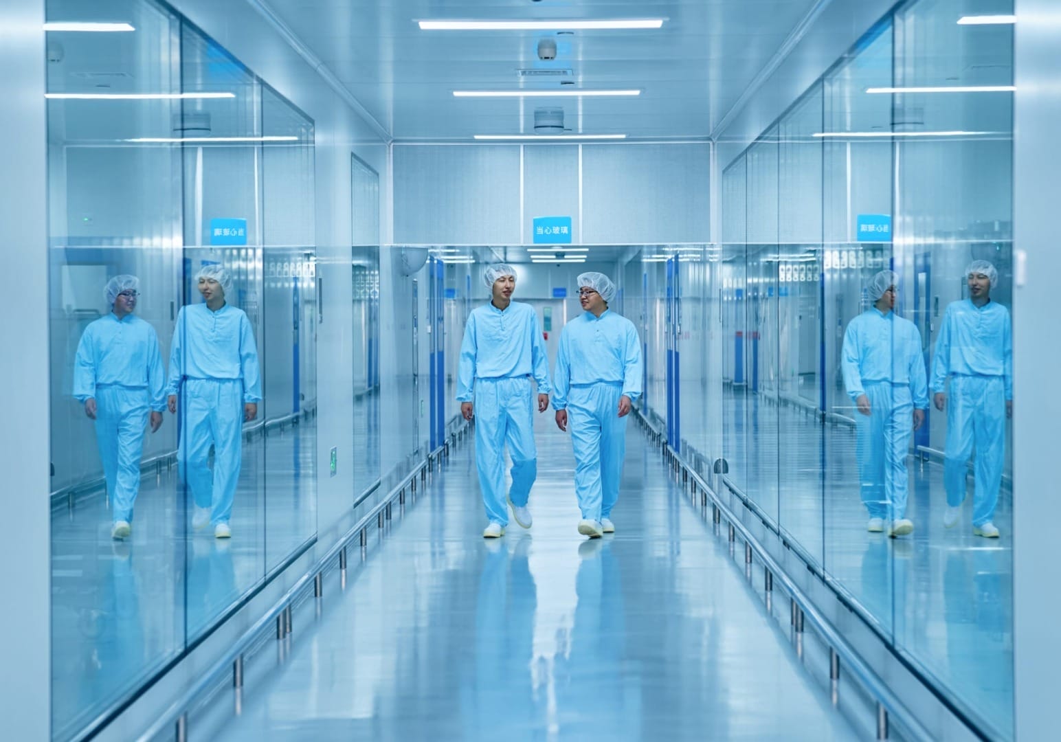 Two people in blue lab coats walking in a clean, reflective hallway with glass walls in a modern laboratory setting.
