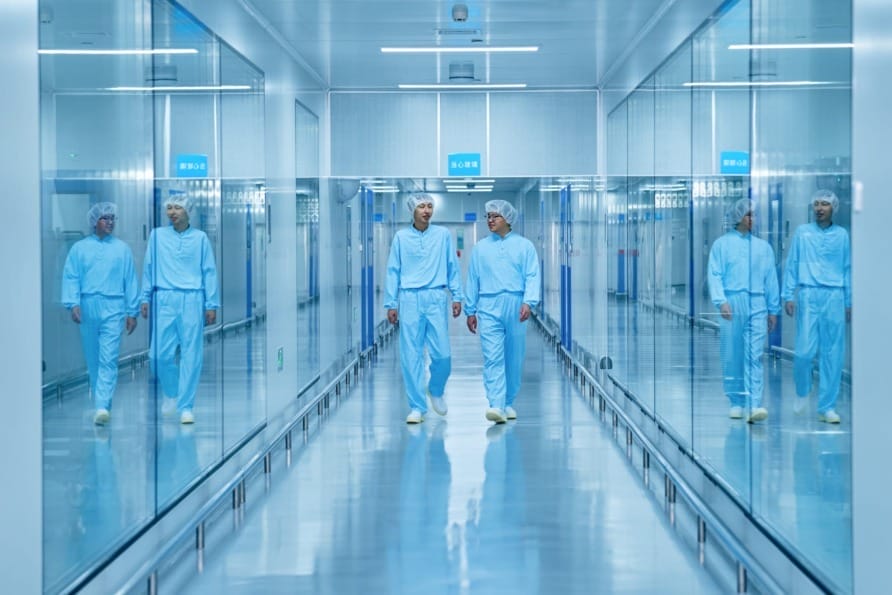 Two people in blue lab coats walking in a clean, reflective hallway with glass walls in a modern laboratory setting.