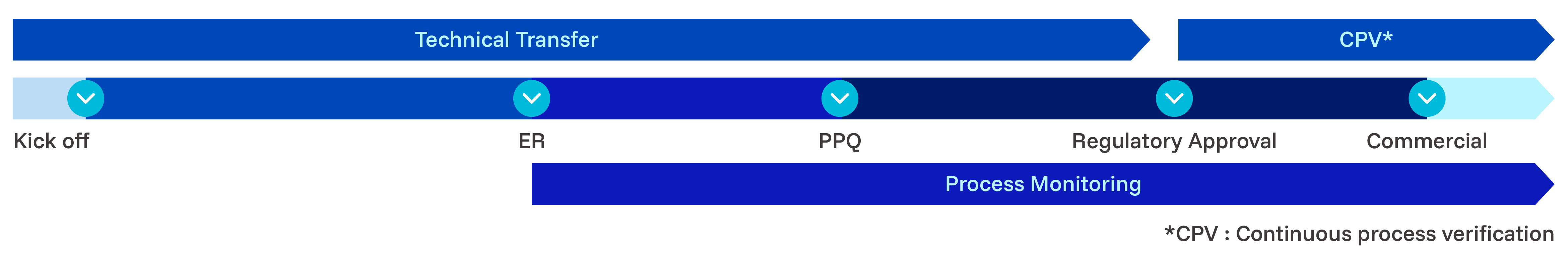 Infographic showing stages: Kick off, ER, PPQ, Regulatory Approval, Commercial, with process monitoring under technical transfer and CPV.