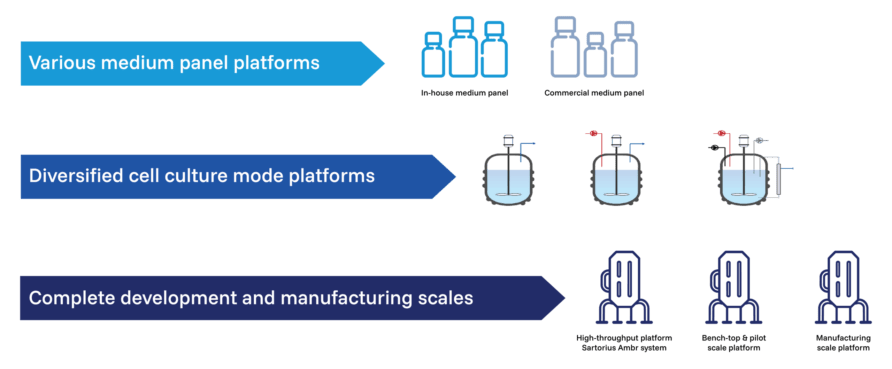 Diagram showing medium panel platforms, cell culture mode platforms with reactors, and development and manufacturing scales.